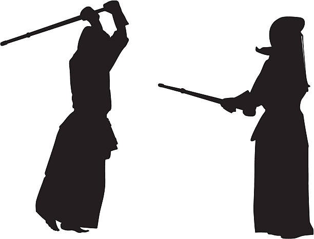 Kendo fighters #2 silhouette Silhouette of kendo-fight (sticks) kendo stock illustrations