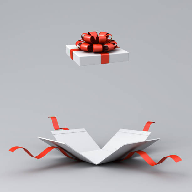 istock Blank white present box open or opened gift box with red ribbons and bow isolated on white grey background with shadow minimal concept 3D rendering 1635442907