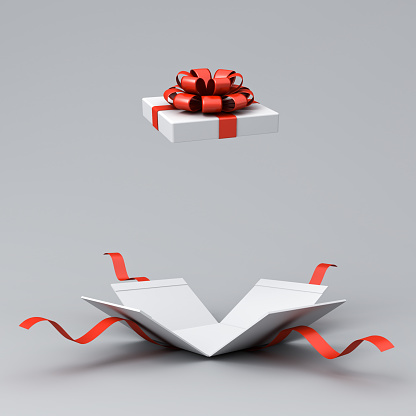 Blank white present box open or opened gift box with red ribbons and bow isolated on white grey background with shadow minimal concept 3D rendering