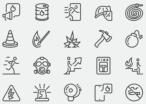 Fire Department, Fire brigade, Danger Signs, Firefighting, Emergency, Fireman, Rescue, First Responder, House Fire, Building Fire, Forest Fire, Fire Extinguisher, Fire Engine, fire service.Line Icons