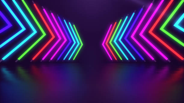 istock Colorful neon lights arrows stage abstract background. 1635467086