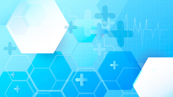 Modern medical abstract background with cross shape, pulse, hexagons and molecular pattern. Concepts and ideas for healthcare technology, innovation medicine, health, science and research design