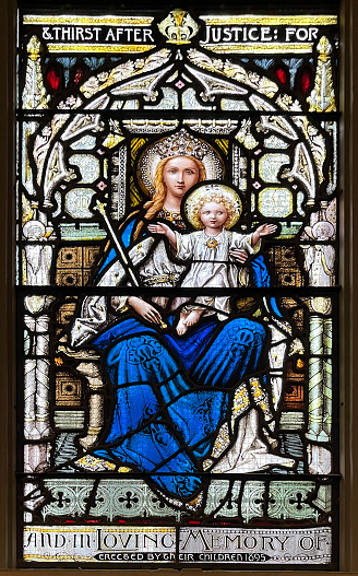 Stained glass window depicting the Virgin Mary and the Child Jesus, St Michael's Cathedral. Toronto, Ontario, Canada. 2023-01-10