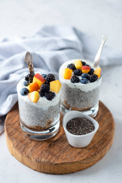 Vegetarian chia pudding with yogurt and fruits