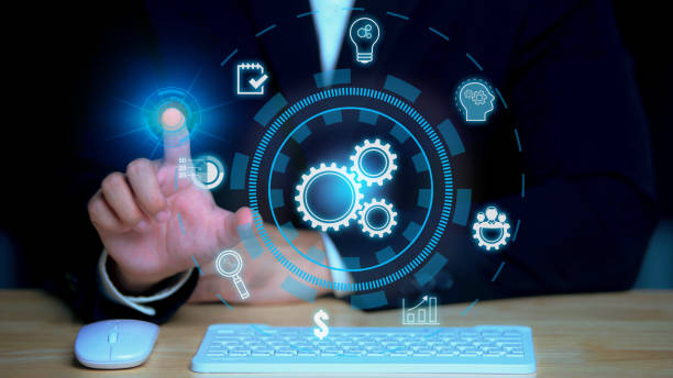 istock Businessman hand working with virtual innovation Operations Management involving business process 1635495861