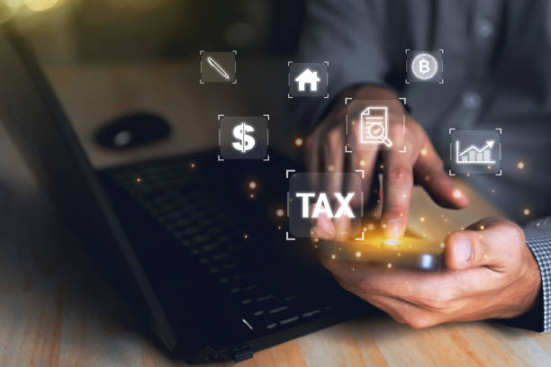 istock Business using a computer to complete Individual income tax 1635496931