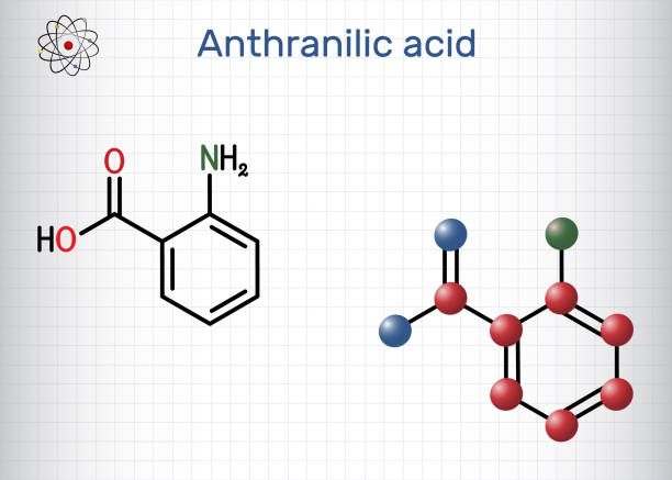 istock Anthranilic acid molecule. It is aminobenzoic aromatic acid. Structural chemical formula and molecule model. Sheet of paper in a cage. Vector 1635508618