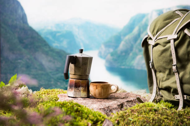 Morning coffee on the background of the Scandinavian landscape stock photo