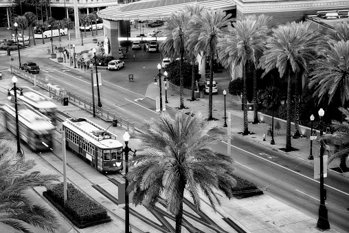 Aerial View Cable Car at Canal Street, New Orleans, Louisiana. USA.