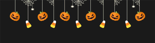 ilustrações, clipart, desenhos animados e ícones de banner de borda de halloween feliz com milho doce e abóboras jack o lanterna penduradas em teias de aranha. spooky ornaments decoração vector ilustração, truque ou tratar convite de festa - spider web halloween corn pumpkin