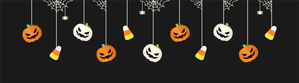 ilustrações, clipart, desenhos animados e ícones de banner de borda de halloween feliz com milho doce e abóboras jack o lanterna penduradas em teias de aranha. spooky ornaments decoração vector ilustração, truque ou tratar convite de festa - spider web halloween corn pumpkin