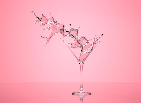 Martini cocktail with splash and ice cubes against pink background - 3D illustration