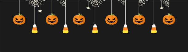 ilustrações, clipart, desenhos animados e ícones de banner de borda de halloween feliz com milho doce e abóboras jack o lanterna penduradas em teias de aranha. spooky ornaments decoração vector ilustração, truque ou tratar convite de festa - spider web halloween corn pumpkin