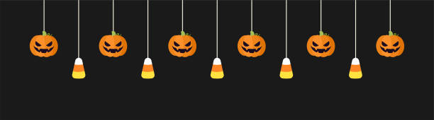 ilustrações, clipart, desenhos animados e ícones de banner de borda de halloween feliz com milho doce e abóboras jack o lanterna penduradas em teias de aranha. spooky ornaments decoração vector ilustração, truque ou tratar convite de festa - spider web halloween corn pumpkin