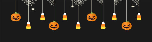 ilustrações, clipart, desenhos animados e ícones de banner de borda de halloween feliz com milho doce e abóboras jack o lanterna penduradas em teias de aranha. spooky ornaments decoração vector ilustração, truque ou tratar convite de festa - spider web halloween corn pumpkin