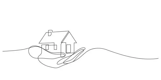 Vector illustration of one line of hand holding house model vector illustration