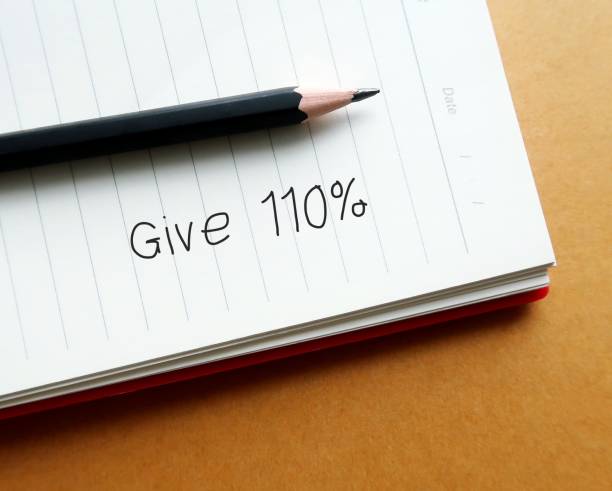 istock Pencil on notebook with handwritten text  GIVE 110% -  put absolute maximum amount of effort or energy possible - commitment to give it not less than 100 percent 1635551288