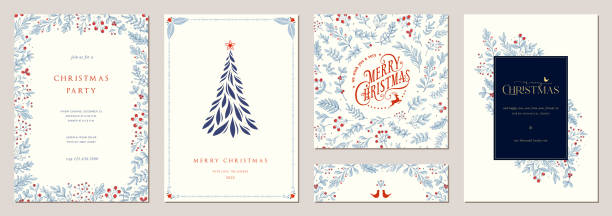 Universal Christmas Templates_017 Winter Holiday cards. Christmas templates. Universal ornate floral decorative frames with copy space, Christmas Tree, reindeer, birds and greetings. christmas border stock illustrations