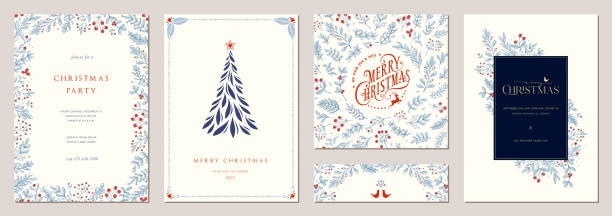 Universal Christmas Templates_017 Winter Holiday cards. Christmas templates. Universal ornate floral decorative frames with copy space, Christmas Tree, reindeer, birds and greetings. cards stock illustrations