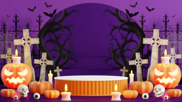 istock 3d rendering illustration design for halloween banner with pumpkin,crucifix, skull, candle, candy, givebox ,grave on background. 1635552532