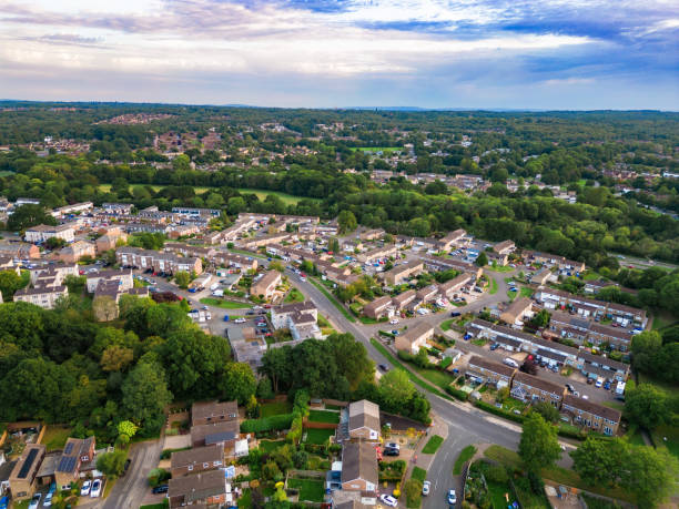 aerial view of housing in crawley, southeast england - southeast england imagens e fotografias de stock