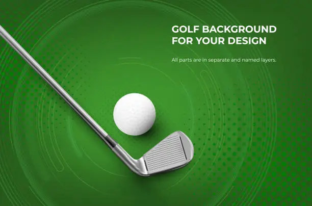 Vector illustration of Abstract background with halftone texture, circles and golf ball and metal club