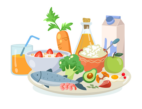 Healthy meal for breakfast or dinner vector illustration. Fruits, vegetables, fish, milk, juice, porridge and grains served on plate for balanced diet. Healthy eating, food, health care concept