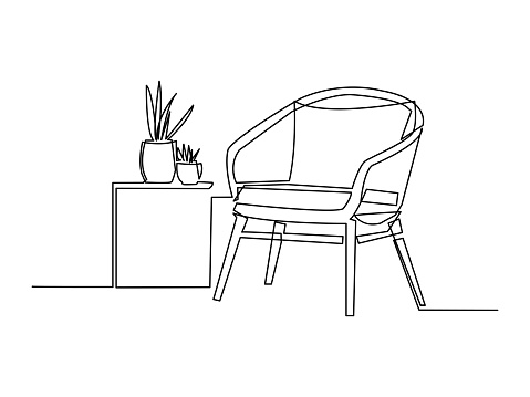 Continuous one line drawing of armchair and with potted plants. Scandinavian stylish furniture in simple linear style. Vector illustration