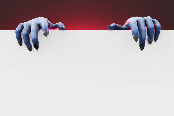 empty sign with creepy hands peeking out empty poster with copy space and creepy hands peeking out with red background lighting. 3d rendering zombie paper stock pictures, royalty-free photos & images