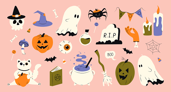 Cute Halloween set of different elements for design. ghost, pumpkin, cat, witchs cauldron, skull, poison bottle, spider, cobweb, gouged eye, vampire fangs. Vector stock hand drawn illustration.