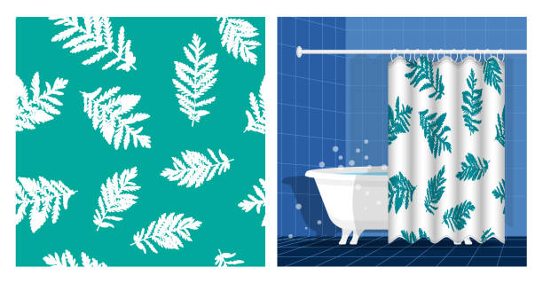 Bathroom interior with bathtub and curtain decorated wormwood leaves silhouettes of grass seamless pattern. Vector illustration, ornament for design of posters, printing on fabric Bathroom interior with bathtub and curtain decorated wormwood leaves silhouettes of grass seamless pattern. Vector illustration, ornament for design of posters, printing on fabric tree fern stock illustrations