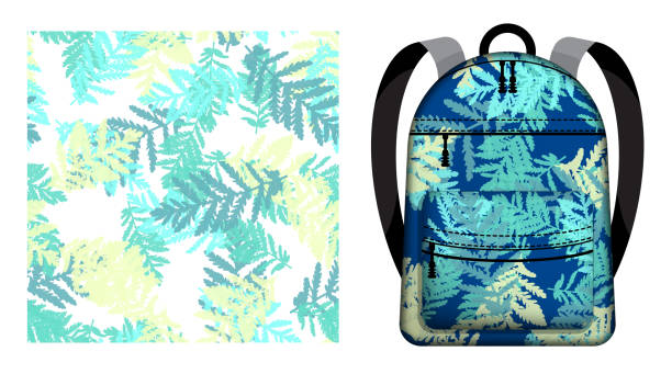 Children school backpack decorated wormwood leaves silhouettes of grass seamless pattern. Field grass floral ornate. Vector ornament for design of posters and printing on textile Children school backpack decorated wormwood leaves silhouettes of grass seamless pattern. Field grass floral ornate. Vector ornament for design of posters and printing on textile tree fern stock illustrations