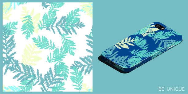 Modern smartphone in unique case decorated wormwood leaves silhouettes of grass seamless pattern. Isometric top view. Vector ornament for design of posters and accessory Modern smartphone in unique case decorated wormwood leaves silhouettes of grass seamless pattern. Isometric top view. Vector ornament for design of posters and accessory tree fern stock illustrations