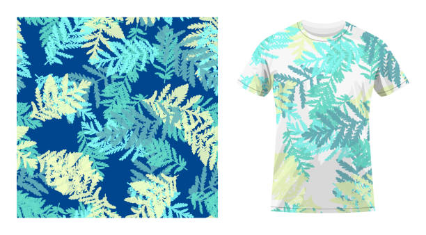 Short sleeved cotton sports t shirt decorated wormwood leaves silhouettes of grass seamless pattern. Comfortable summer clothes. Vector ornament for design of textile and fabric Short sleeved cotton sports t shirt decorated wormwood leaves silhouettes of grass seamless pattern. Comfortable summer clothes. Vector ornament for design of textile and fabric tree fern stock illustrations