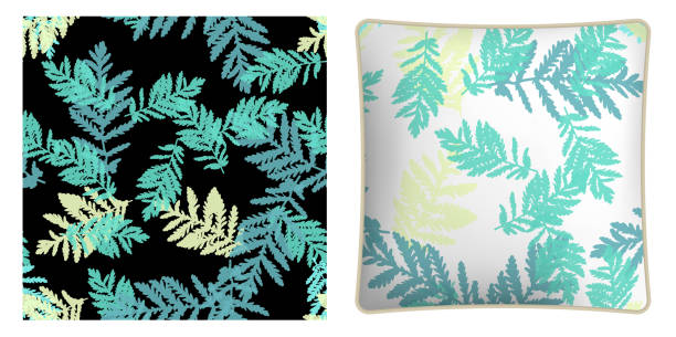 Square decorative pillow, bedroom accessory decorated wormwood leaves silhouettes of grass seamless pattern. Vector ornament for design of posters and printing on textile Square decorative pillow, bedroom accessory decorated wormwood leaves silhouettes of grass seamless pattern. Vector ornament for design of posters and printing on textile tree fern stock illustrations
