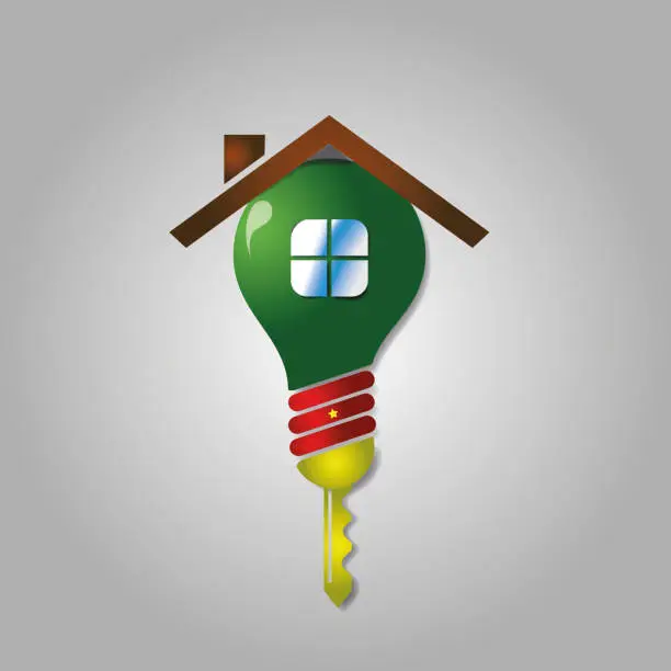 Vector illustration of green house icon, 3d house in the shape of a bulb, with the colors of Cameroon