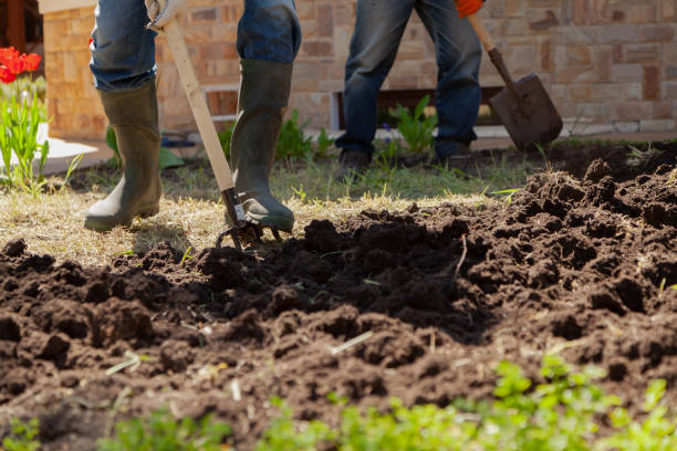 Two people are digging earthen plot in front of  house stock photo