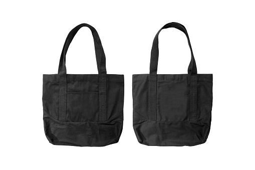 A mock-up of a black canvas tote bag on a white background.