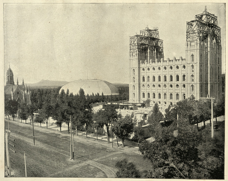 Construction of the Mormon Temple, Salt Lake City, Utah, USA, after a Vintage photograph 19th Century