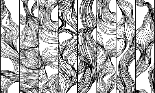 Backdrop cover template. Wavy curved line background. Ink line style wallpaper.