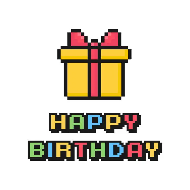 Vector illustration of happy birthday card, pixel art postcard, 80s 90s old arcade game style, nostalgia, gift, vector illustration