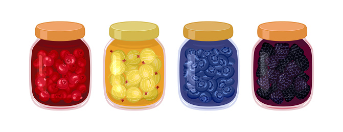 Set of different jam in glass jar. Gooseberry, Cranberry, Blackberry and Blueberry homemade jelly. Vector flat icon of organic sweets. Healthy food illustration.