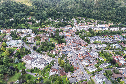 Beautiful aerial view of the town center, high street of Great Malvern, The famous village for outdoor and tourist, England, UK