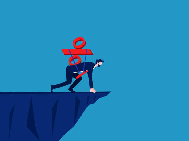 istock Businessman with percentage preparing to jump on high cliff. start up interest 1635732671