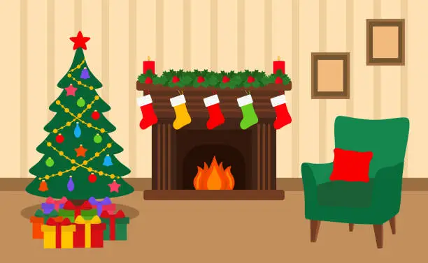 Vector illustration of Living Room Interior With Christmas Tree, Gift Boxes, Fireplace, Socks And Armchair. New Year Celebration