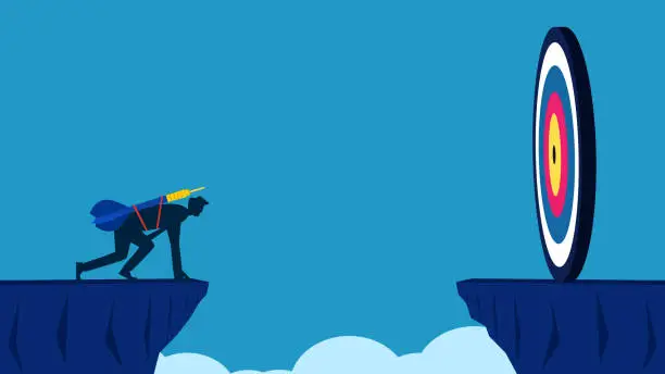 Vector illustration of Ready to take risks. Businessman ready to jump over cliff gaps for big goals