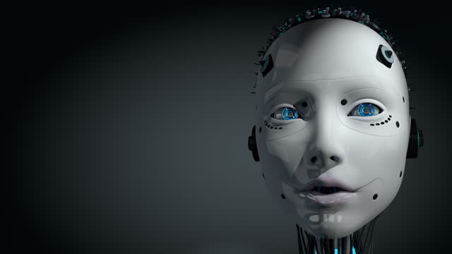 Head of female humanoid robot with white glowing skin talking while moving her lips, eyes, blinking. 3D Animation