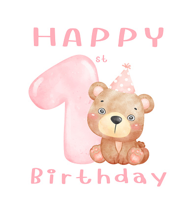 A cute first Birthday teddy bear wearing a party hat with pink number 1, Adorable innocence animal watercolor illustration Perfect for birthdays, nursery, greeting card.
