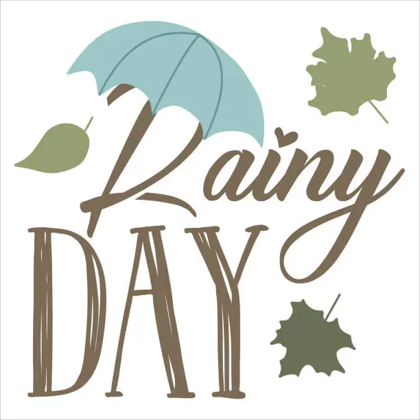 Vector illustration of Lettering Rainy day. Autumn or spring postcard. Seasonal Motivation card with Umbrella and Fallen leaves. Vector Design graphic for poster, festival, cover, banner, decoration.