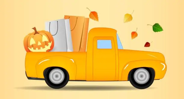 Vector illustration of Happy Halloween truck with Jack O Lantern pumpkin lantern in the back. Wide vector banner for postcards, flyers, leaflets, party invitations